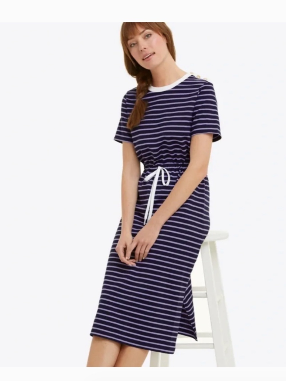 Draper James Tie Waist Midi T-Shirt Dress Nassau Navy Mariner Stripe Medium